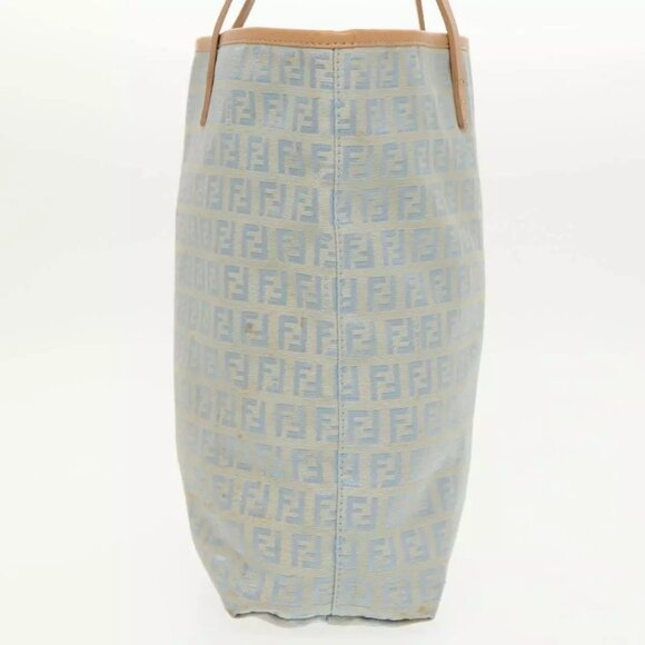 FENDI Zucchino Canvas Tote Bag Light Blue Brown Silver Auth - Picture 12 of 16